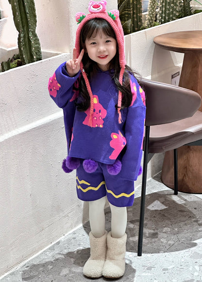Loose Purple Fuzzy Ball Decorated Cotton Knit Kids Hooded Sweaters and Shorts Two Pieces Set Spring