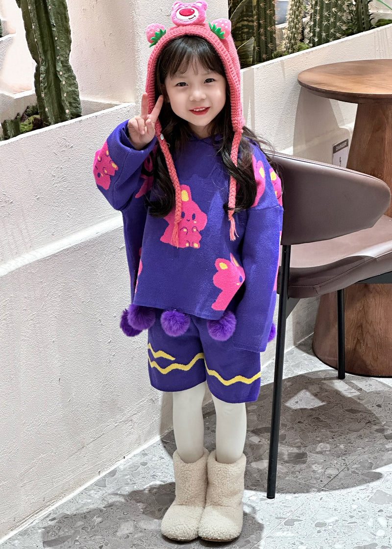 Loose Purple Fuzzy Ball Decorated Cotton Knit Kids Hooded Sweaters and Shorts Two Pieces Set Spring