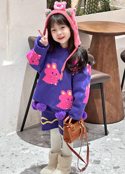 Loose Purple Fuzzy Ball Decorated Cotton Knit Kids Hooded Sweaters and Shorts Two Pieces Set Spring