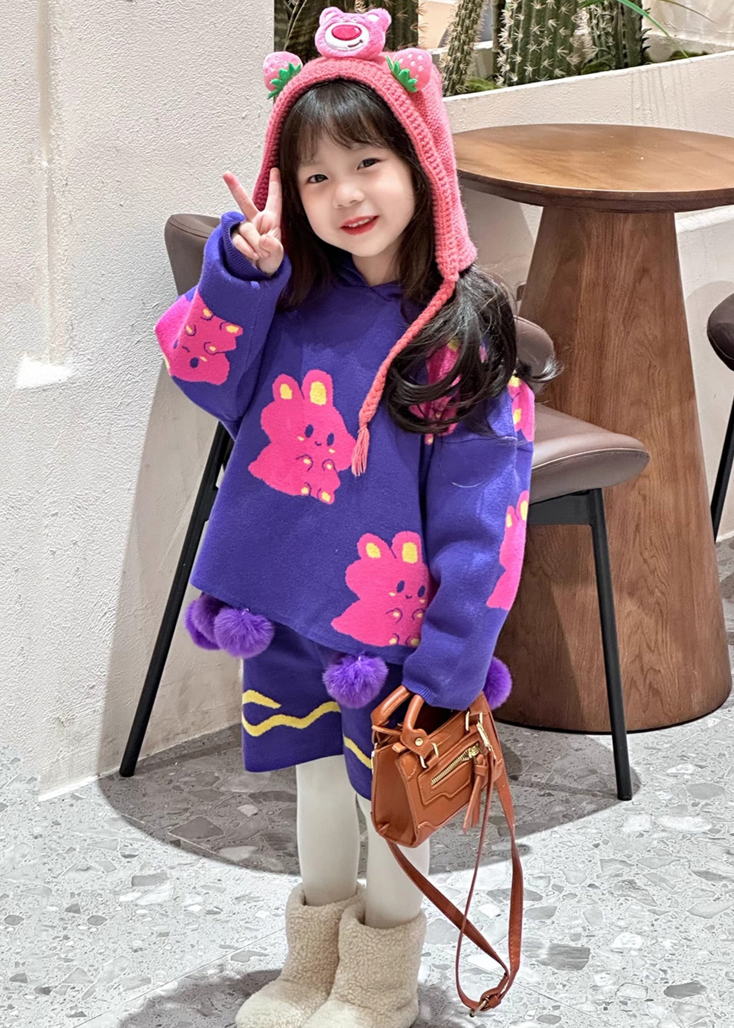 Loose Purple Fuzzy Ball Decorated Cotton Knit Kids Hooded Sweaters and Shorts Two Pieces Set Spring