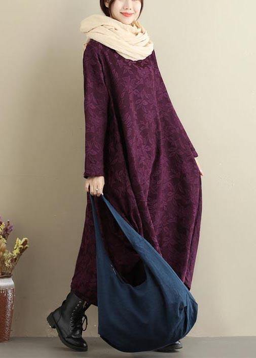Loose Purple Jacquard Outfit O Neck Asymmetric Traveling Spring Dresses