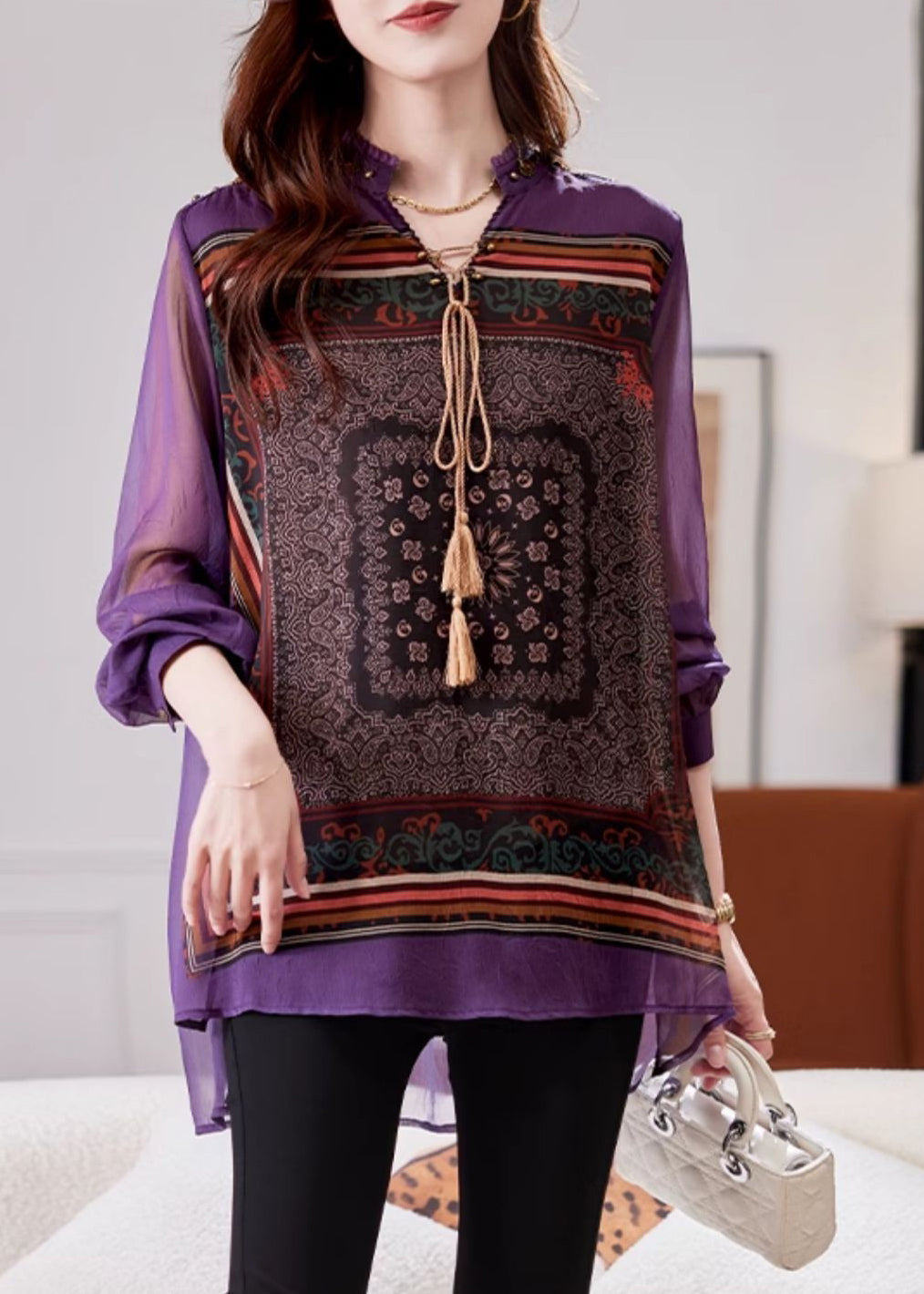 Loose Purple Low High Design Low High Design Chiffon Shirt Spring