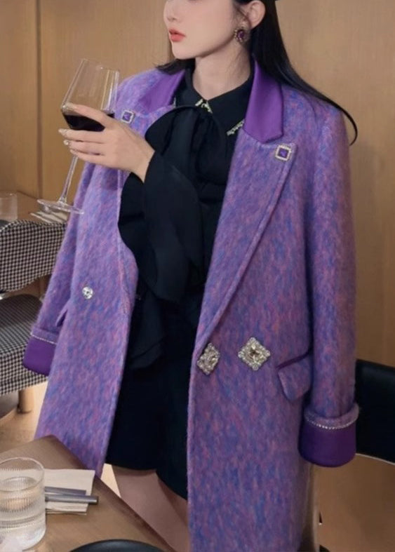 Loose Purple Notched Button Woolen Coats Spring