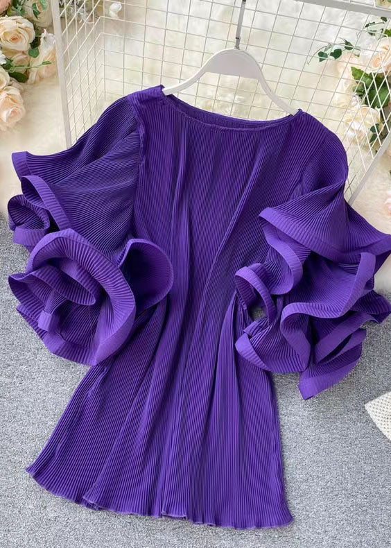 Loose Purple O-neck Patchwork Chiffon Mini Dresses Butterfly Sleeve