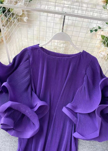 Loose Purple O-neck Patchwork Chiffon Mini Dresses Butterfly Sleeve