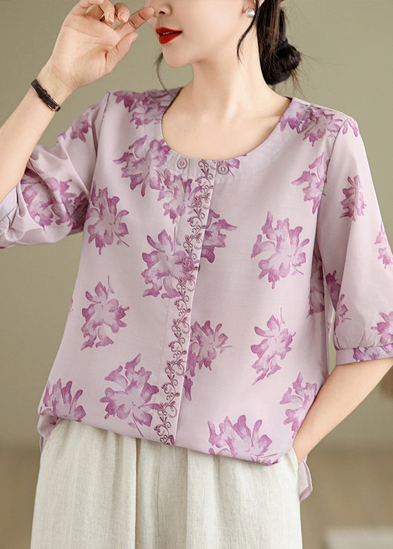 Loose Purple O-neck Print Cotton Shirts Half Sleeve