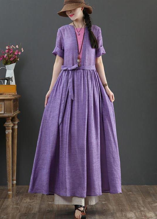 Loose Purple Patchwork Bow Summer Linen Dress