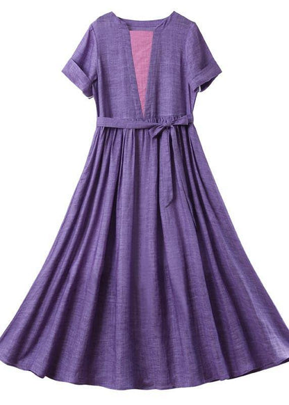 Loose Purple Patchwork Bow Summer Linen Dress