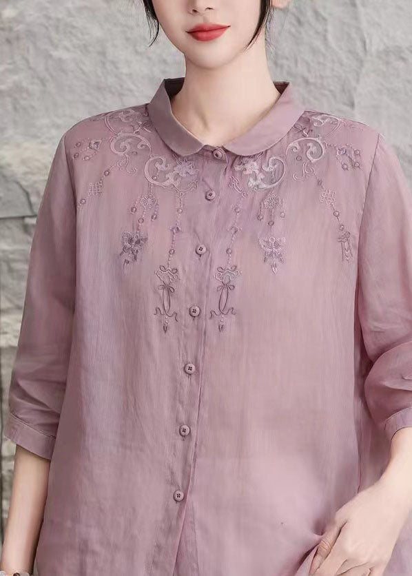 Loose Purple Peter Pan Collar Embroidered Linen Top Summer
