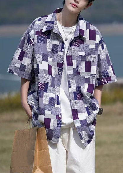Loose Purple Plaid Button Pockets Cotton Shirt Summer