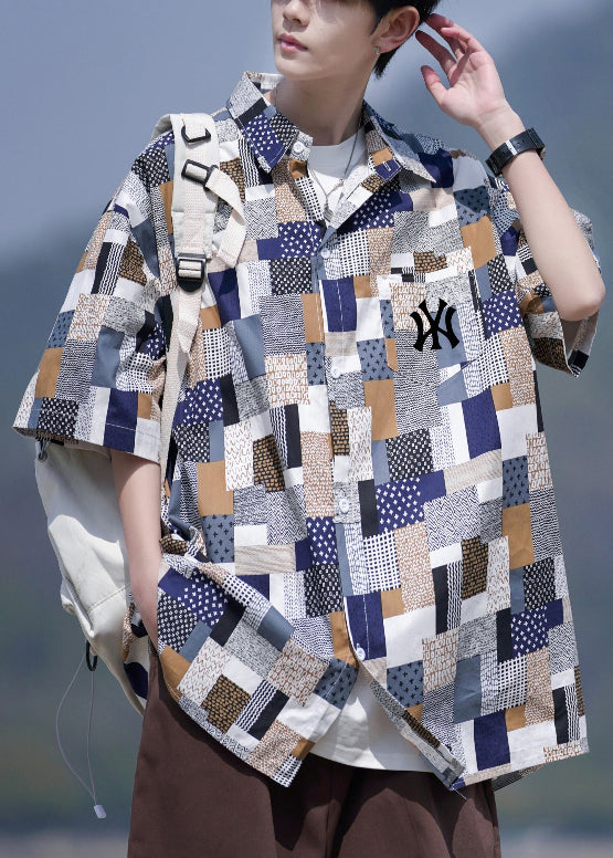Loose Purple Plaid Button Pockets Cotton Shirt Summer