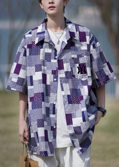 Loose Purple Plaid Button Pockets Cotton Shirt Summer