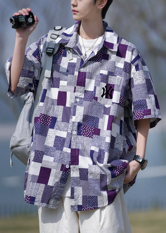 Loose Purple Plaid Button Pockets Cotton Shirt Summer