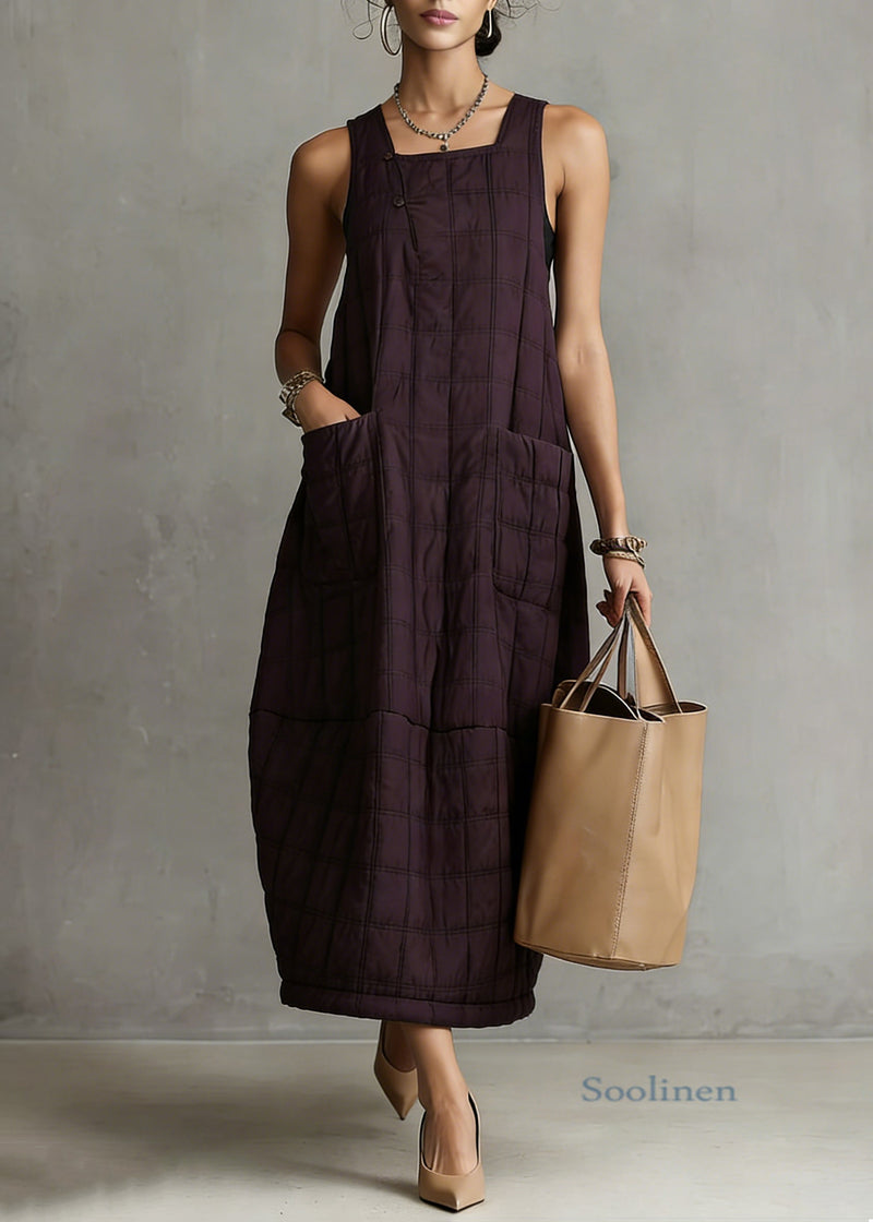 Loose Purple Plaid Pockets Tank Dresses Sleeveless