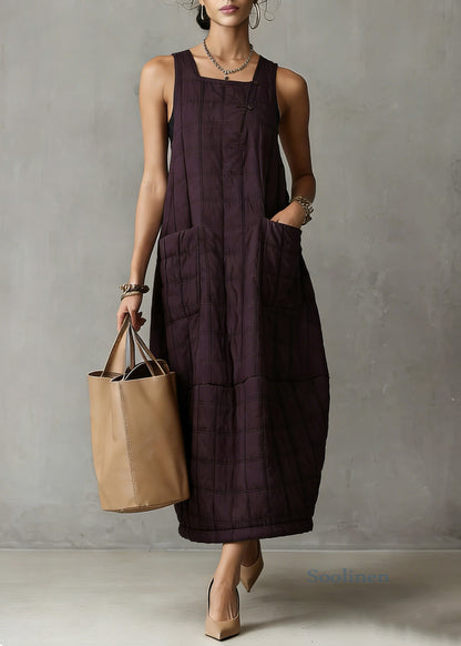 Loose Purple Plaid Pockets Tank Dresses Sleeveless