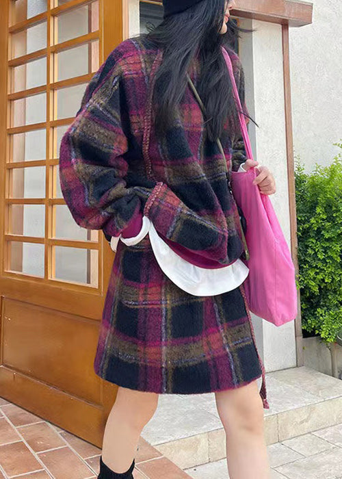 Loose Purple Plaid Pockets Tops and Skirts Wool Two Pieces Set Spring