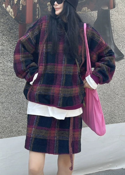 Loose Purple Plaid Pockets Tops and Skirts Wool Two Pieces Set Spring