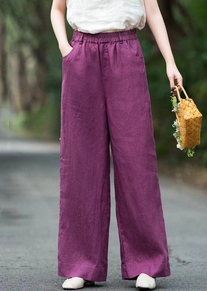 Loose Purple Pockets Elastic Waist Linen Pants Summer