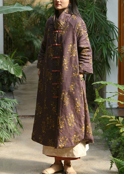 Loose Purple Print Button Pockets Warm Fleece Long Coat Winter