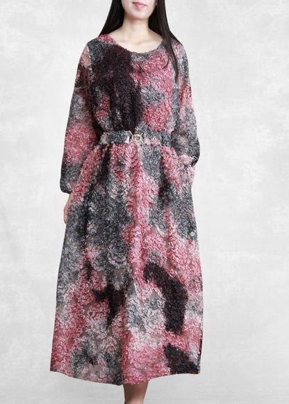 Loose Purple Print Clothes O Neck Tie Waist Art Spring Dress