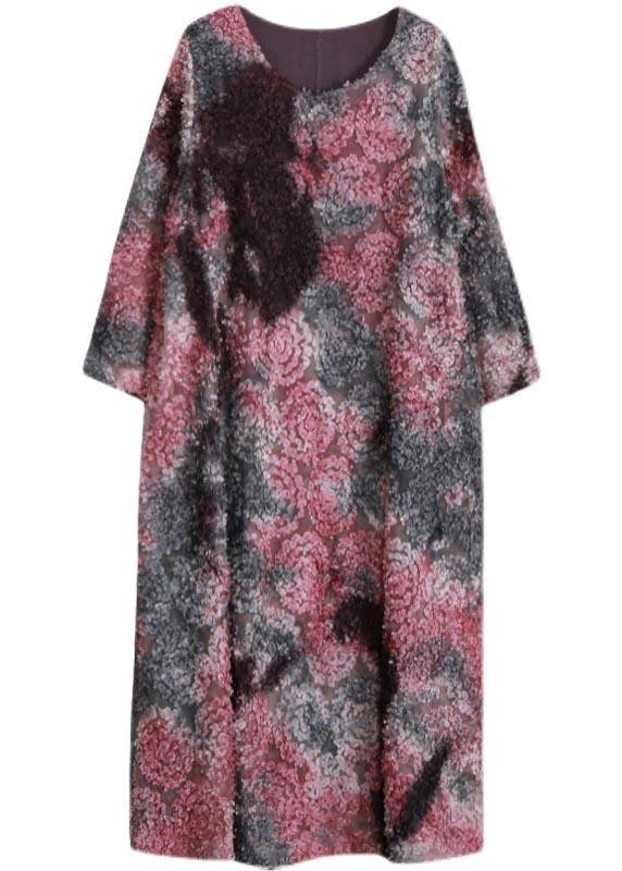 Loose Purple Print Clothes O Neck Tie Waist Art Spring Dress