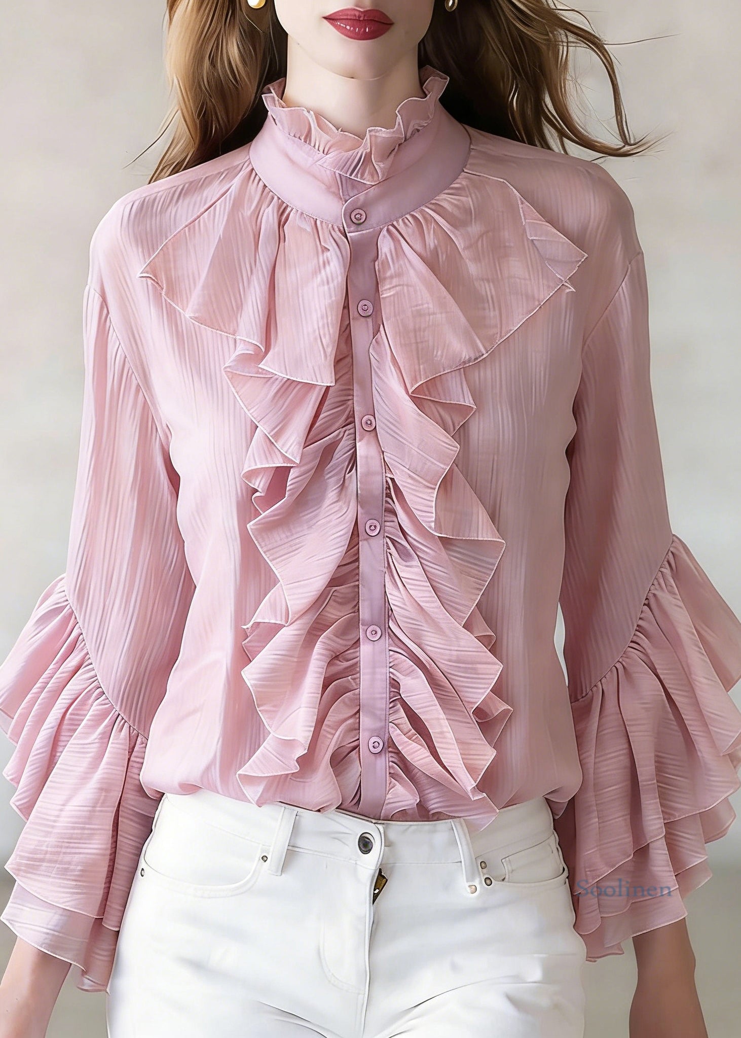Loose Purple Ruffled Button Shirt Top Flare Sleeve