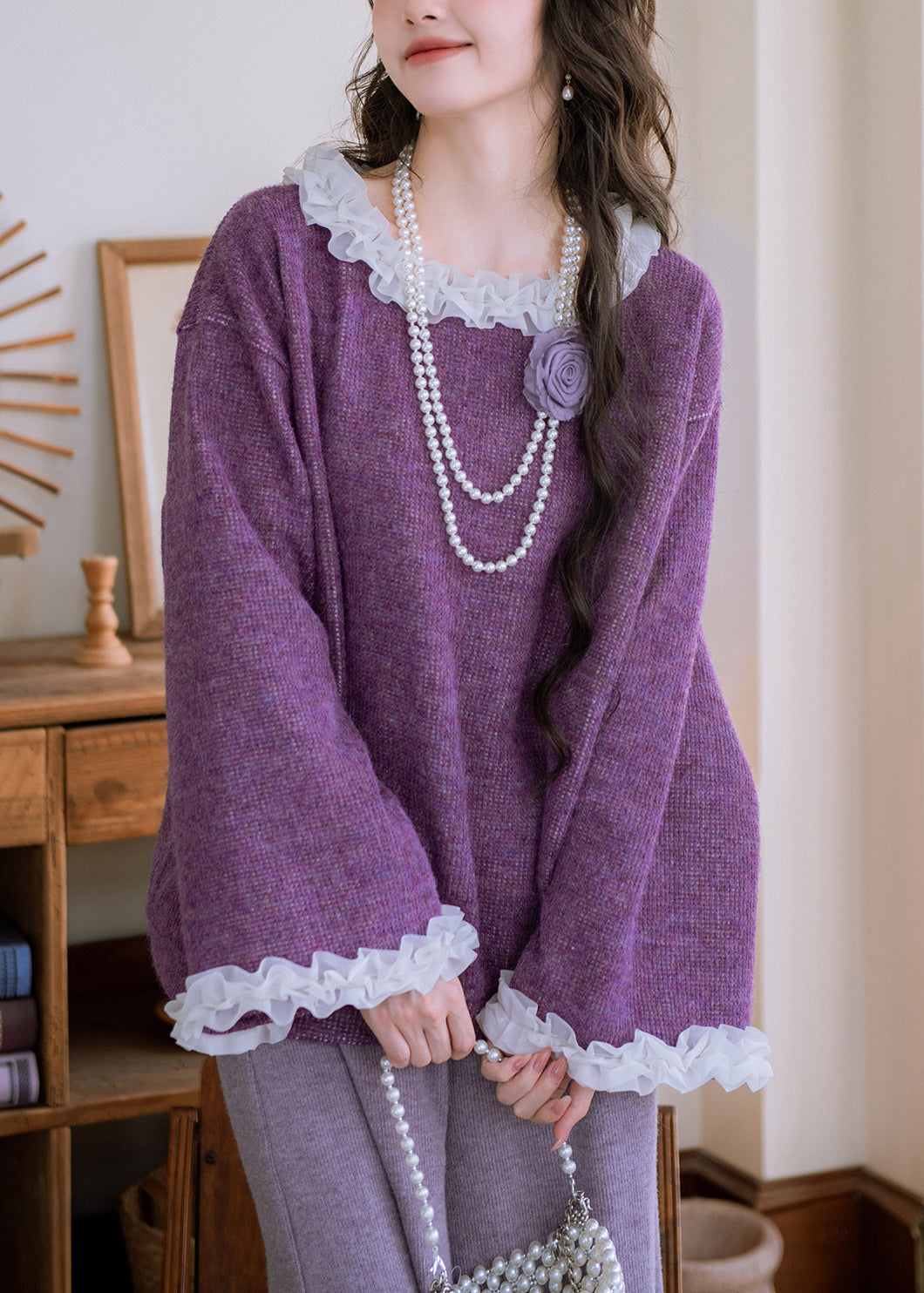 Loose Purple Ruffled Patchwork Knit Sweater Flare Sleeve