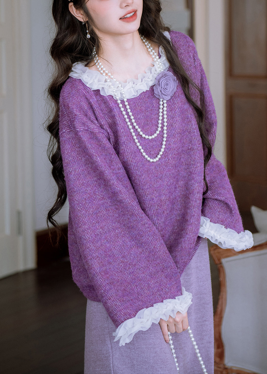 Loose Purple Ruffled Patchwork Knit Sweater Flare Sleeve