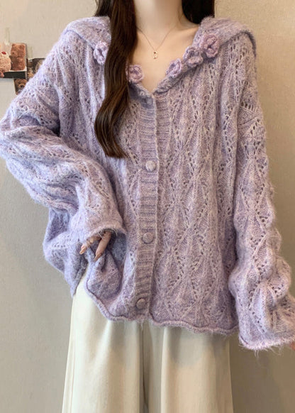 Loose Purple Sailor Collar Hollow Out Knit Cardigans Fall