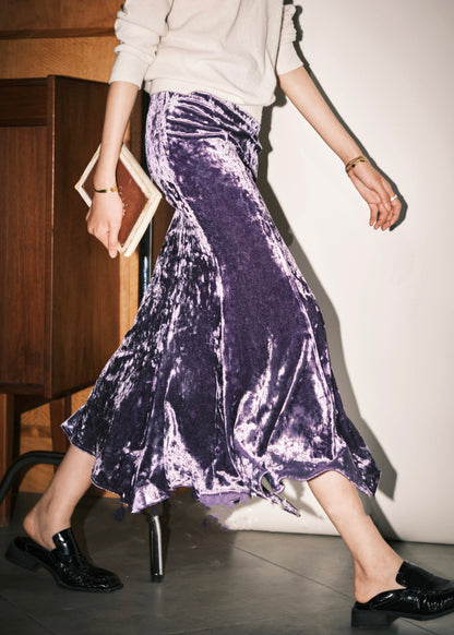 Loose Blue High Waist Silk Velvet Skirts Spring