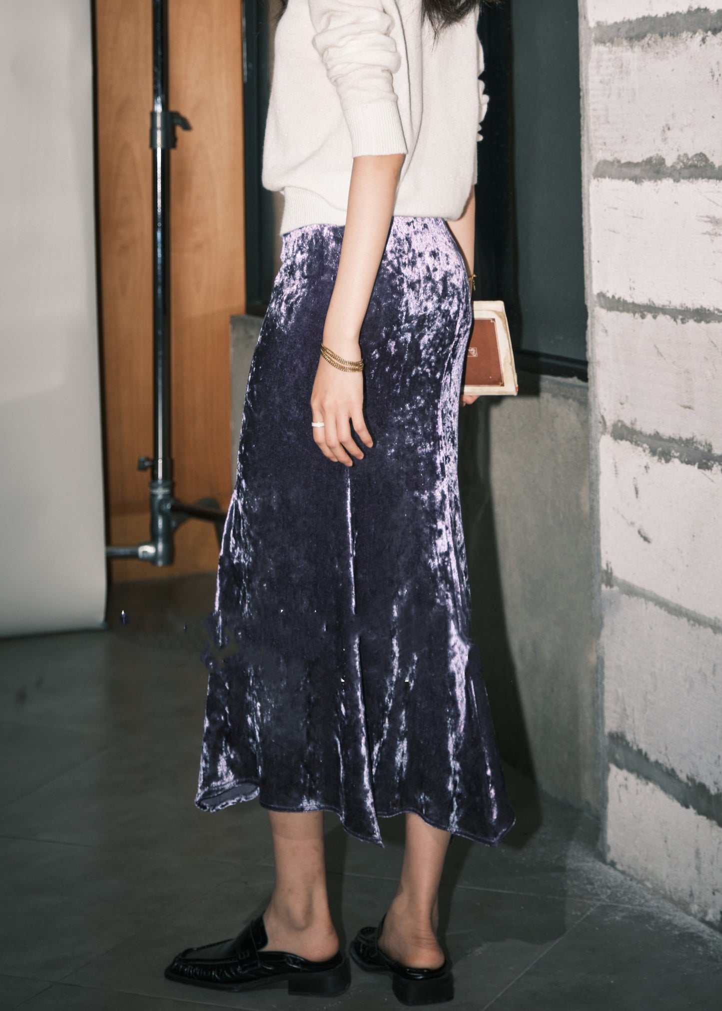 Loose Purple High Waist Silk Velvet Skirts Spring