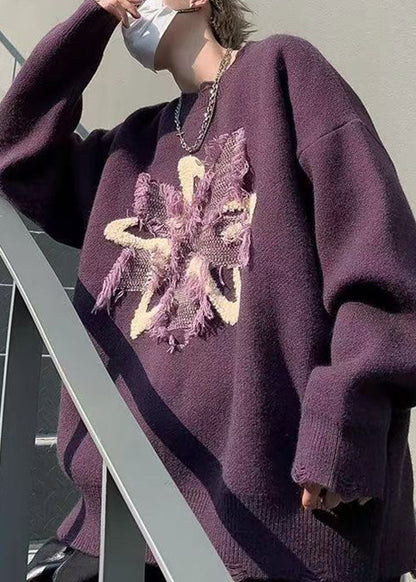 Loose Purple Tasseled Hole Knit Sweater Winter