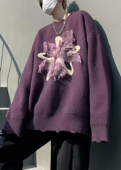 Loose Purple Tasseled Hole Knit Sweater Winter