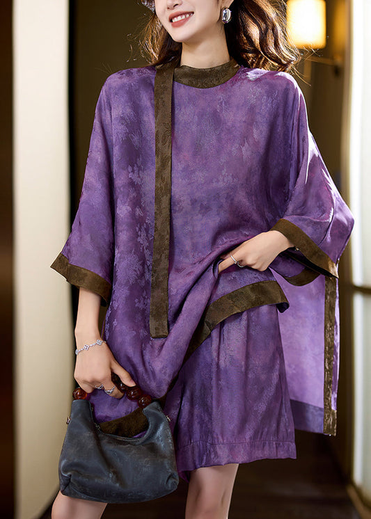 Loose Purple Tops and Shorts Silk Two Piece Set Clothing Summer