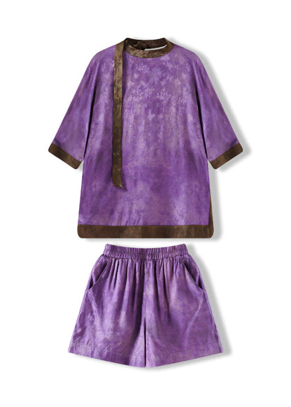 Loose Purple Tops and Shorts Silk Two Piece Set Clothing Summer