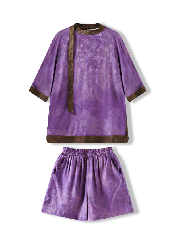Loose Purple Tops and Shorts Silk Two Piece Set Clothing Summer