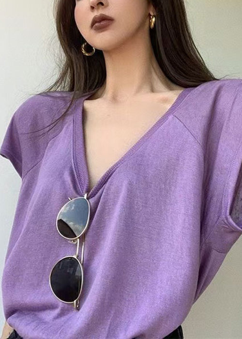 Loose Purple U Neck Cotton T Shirts Summer