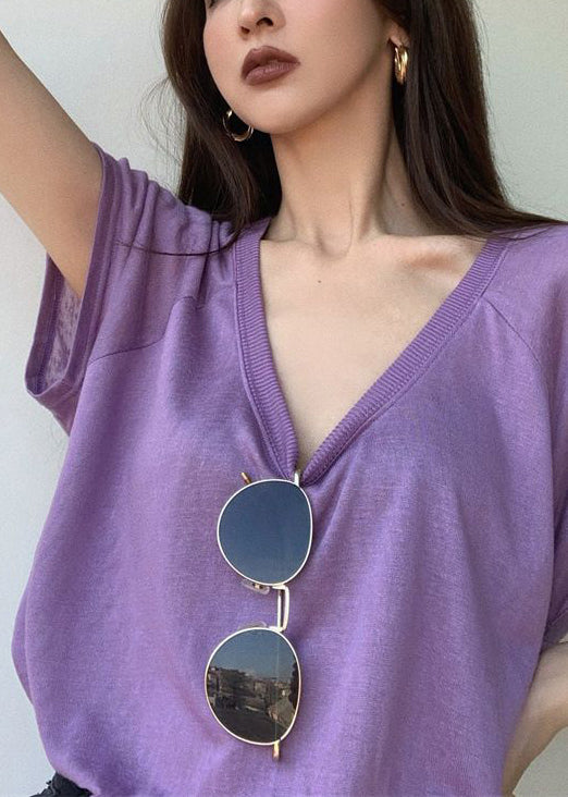 Loose Purple U Neck Cotton T Shirts Summer