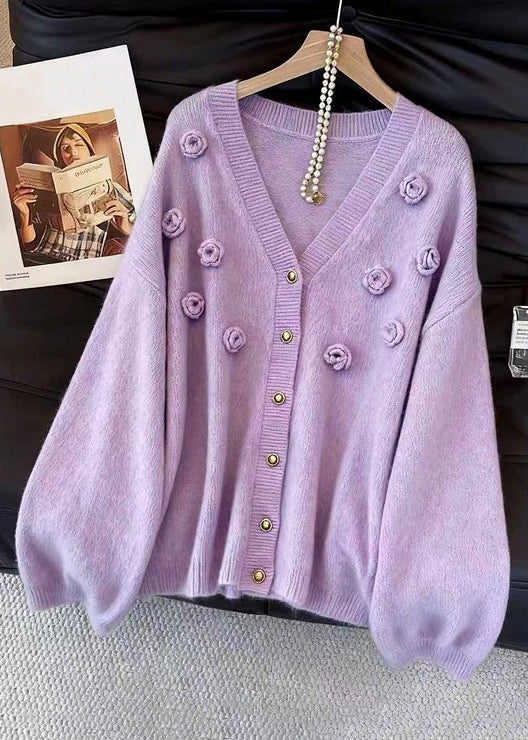 Loose Purple V Neck Button Knit Cardigans Fall