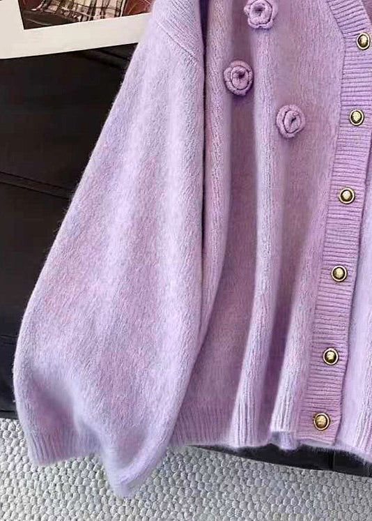Loose Purple V Neck Button Knit Cardigans Fall