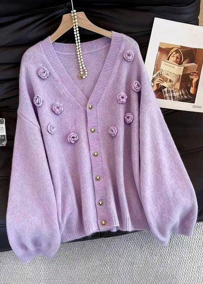 Loose Purple V Neck Button Knit Cardigans Fall