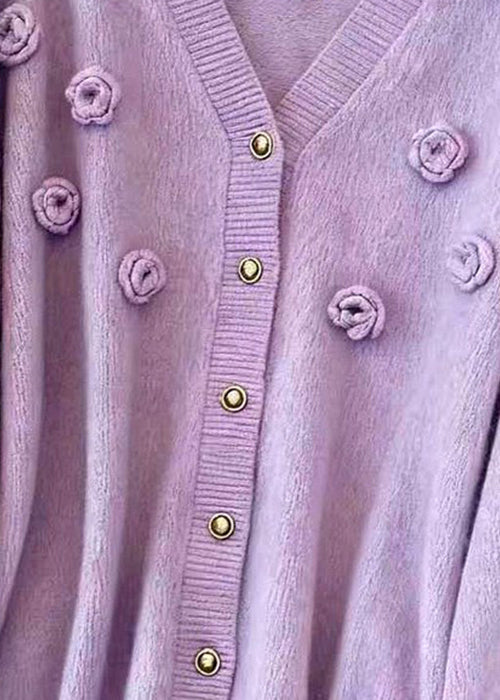 Loose Purple V Neck Button Knit Cardigans Fall