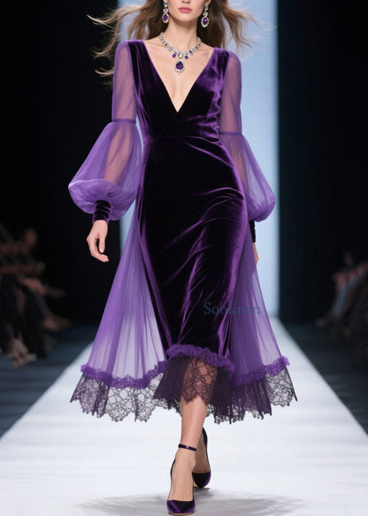 Loose Purple V Neck Lace Patchwork Velvet Dress Spring