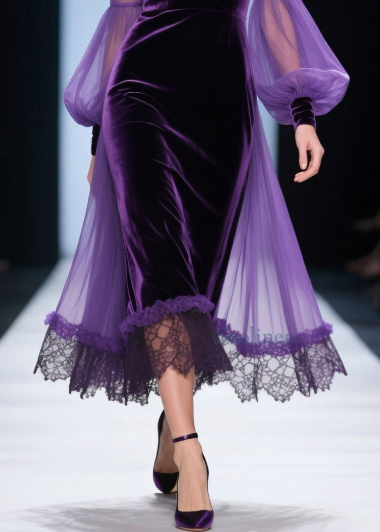 Loose Purple V Neck Lace Patchwork Velvet Dress Spring