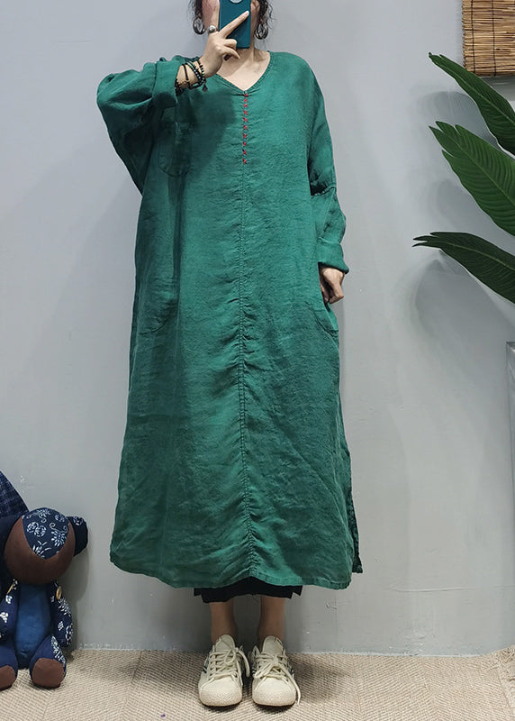 Loose Purple V Neck Side Open Embroideried Pocket Linen Dresses Long Sleeve