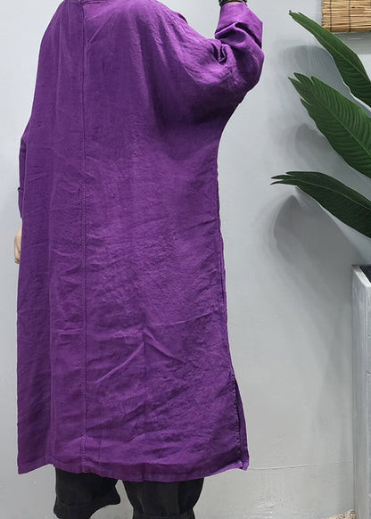 Loose Purple V Neck Side Open Embroideried Pocket Linen Dresses Long Sleeve