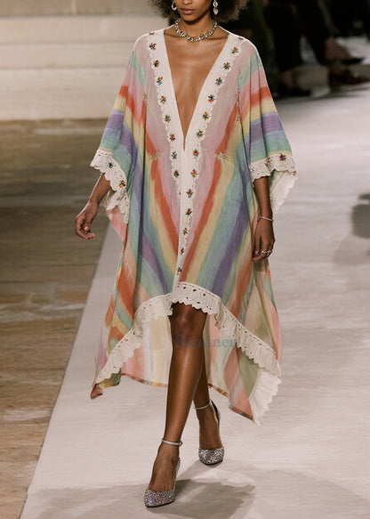Loose Rainbow Oversized Patchwork Lace Party Dress Batwing Sleeve