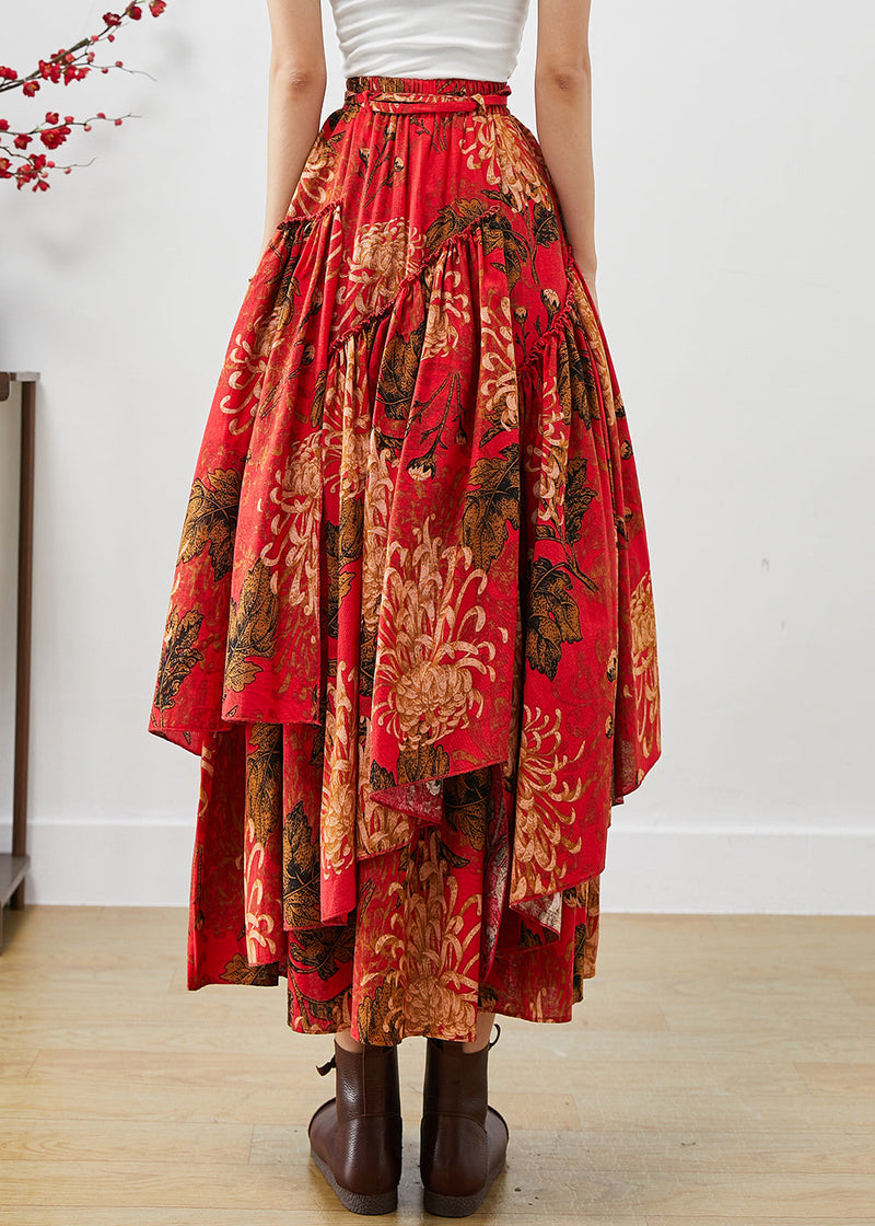Loose Red Asymmetrical Print Cotton a Line Skirts Fall