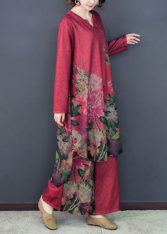 Loose Red Asymmetrical Print Silk Dress and Wide Leg Pants Two Pieces Set Spring
