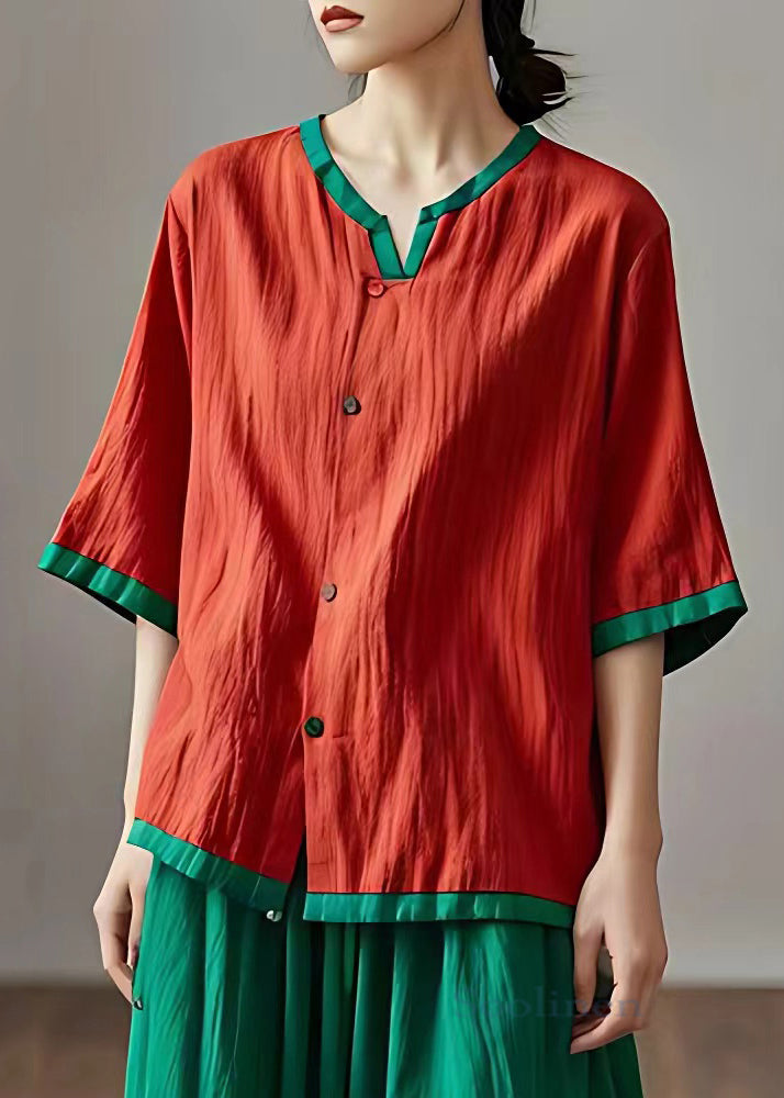Loose Red Button Cotton Blouses Half Sleeve